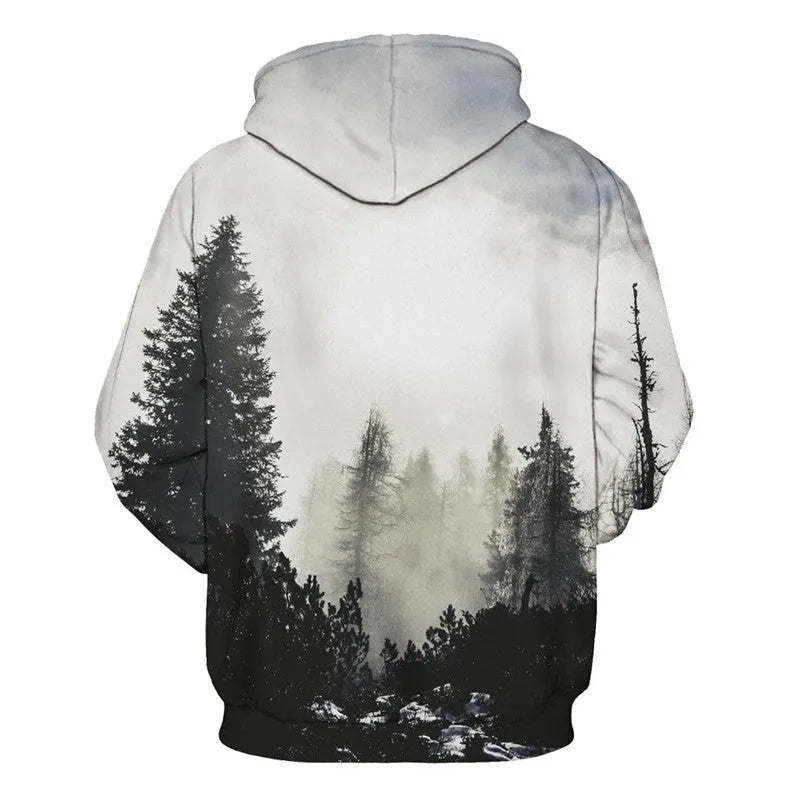Winter Forest Hoodie black pullover with pockets and wide size range from S to XXXL