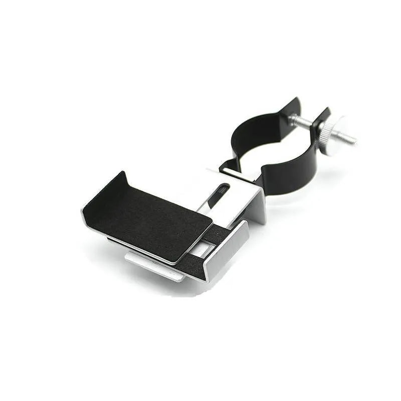 Adjustable metal smart phone adapter with rubber clip in black and silver on a tripod