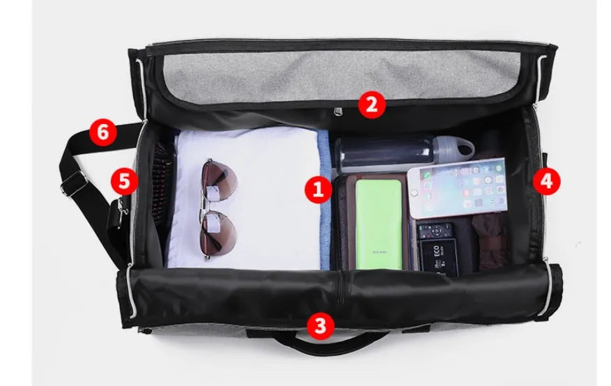 Medium cylinder-shaped travel bag in Oxford cloth, shown in black, with a zipper opening and internal pocket.