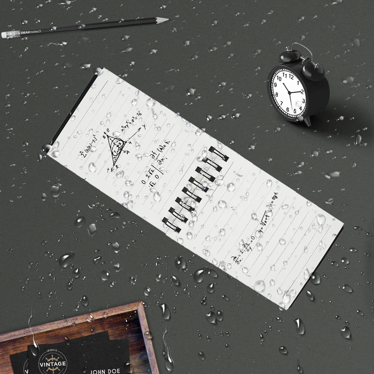 Spiral-bound business notepad with PP cover, open to show 105x75mm paper, with included pen and cloth.