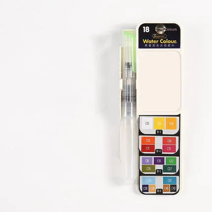 Fan-shaped foldable solid watercolour paint set in transparent plastic box with fountain pen and sponge.