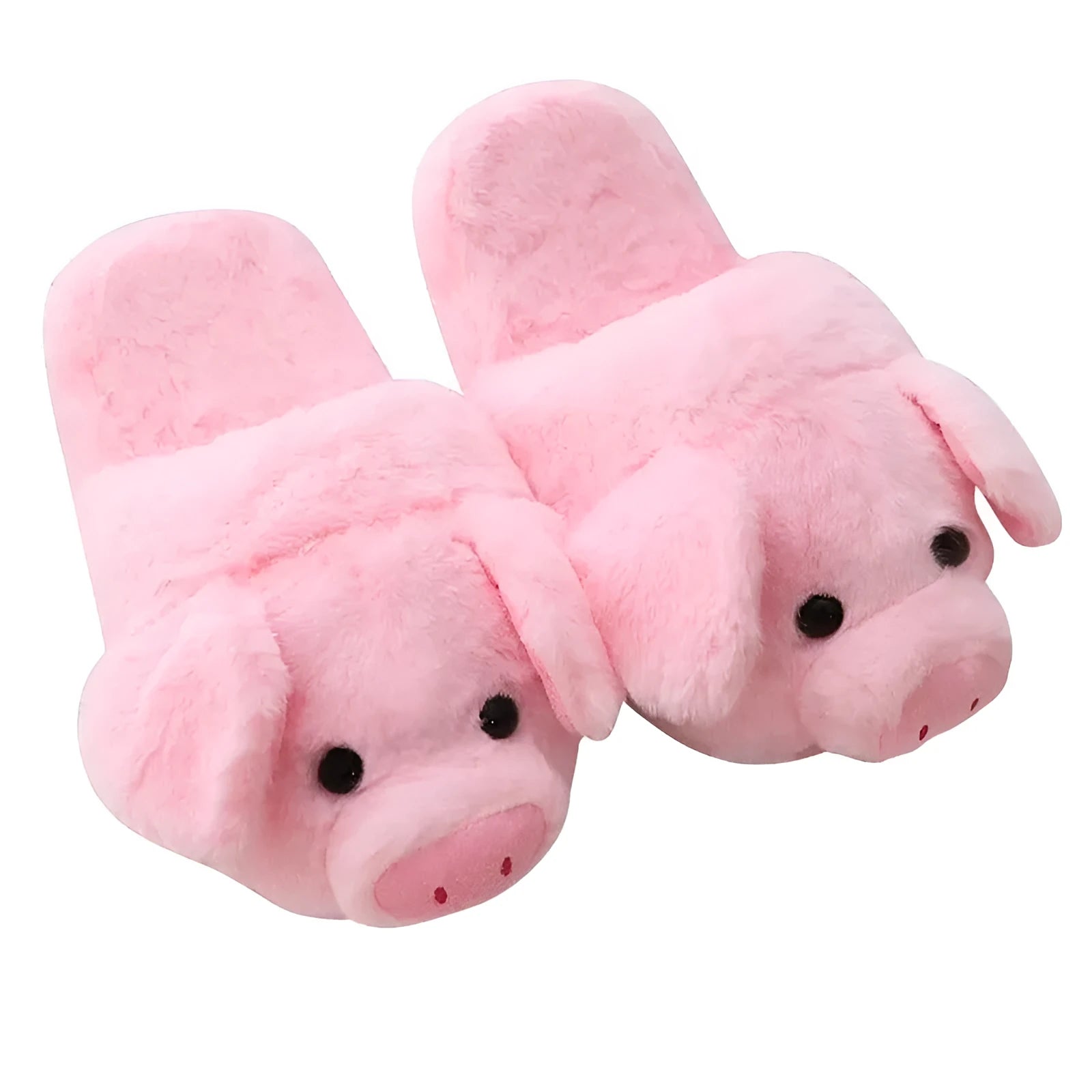 Pink pig-shaped plush floor slippers with a soft, textured surface and cushioned sole.