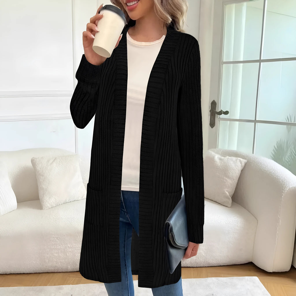 Long sleeve loose fit knitted cardigan jacket with pockets in black, plus sizes 1XL to 5XL.
