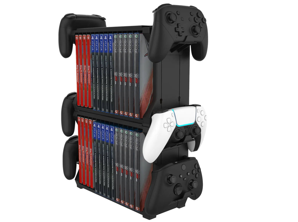 Black ABS plastic PS5 and Xbox Series X disc holder stand with slots for game cartridges and docks for four controllers.