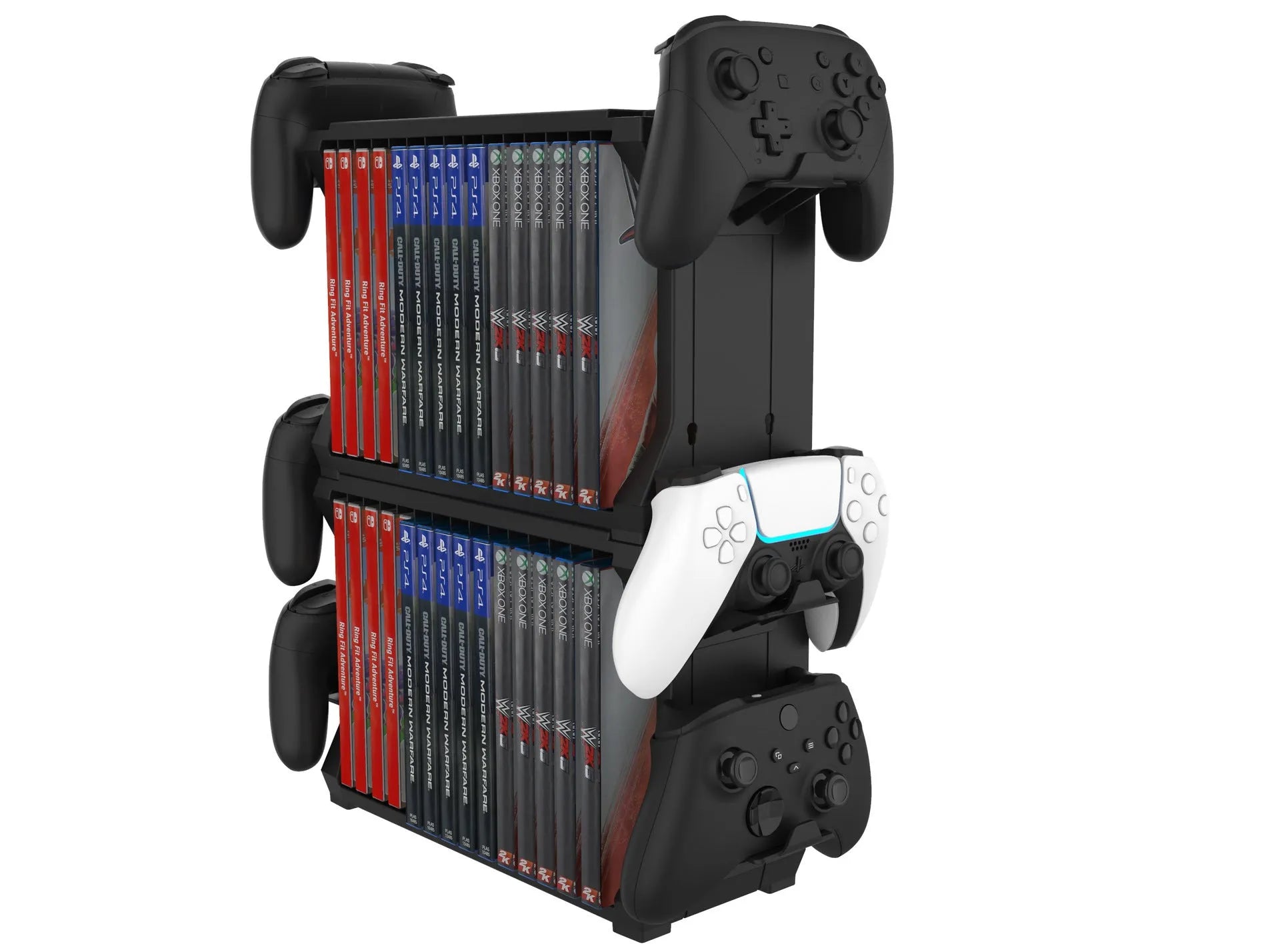 Black ABS plastic PS5 and Xbox Series X disc holder stand with slots for game cartridges and docks for four controllers.