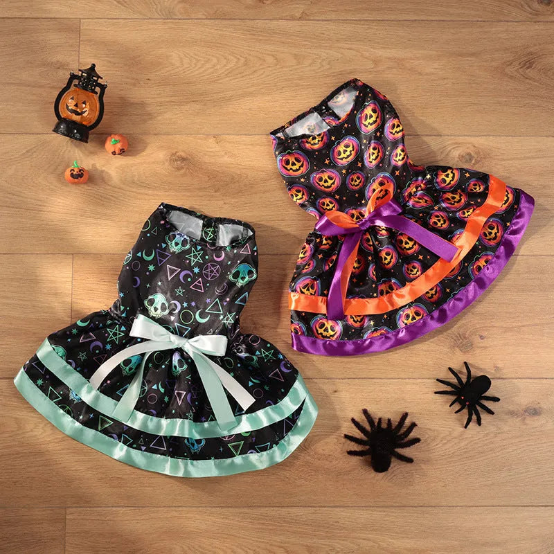Halloween double-layer pet skirt for dogs in colourful pumpkin print on a model dog.