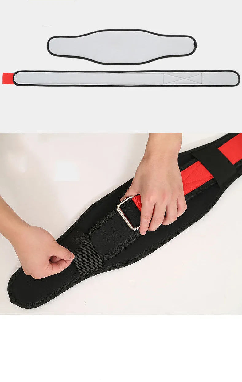 Black nylon fitness weightlifting waistband with adjustable hook and loop closure laid flat.