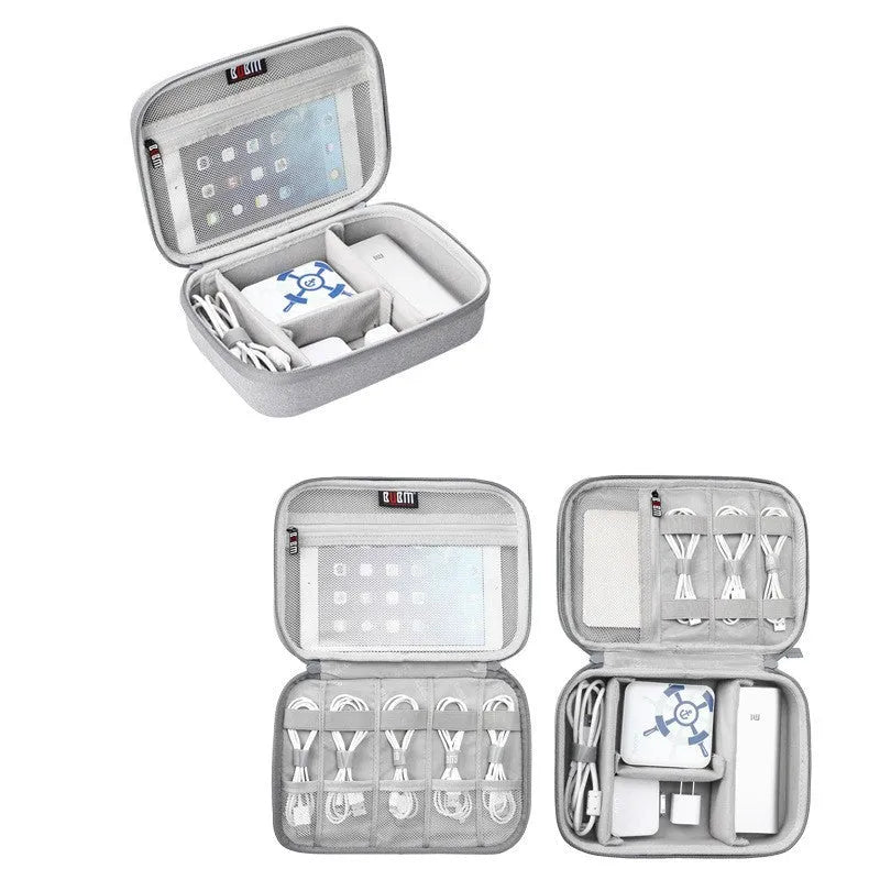 Black and grey EVA digital storage bag for headphones and accessories, showing single and double layer options