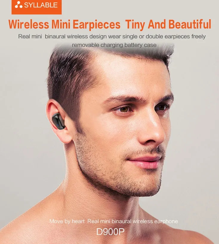 Black TWS sports headphones with separate wireless earpieces and compact charging case