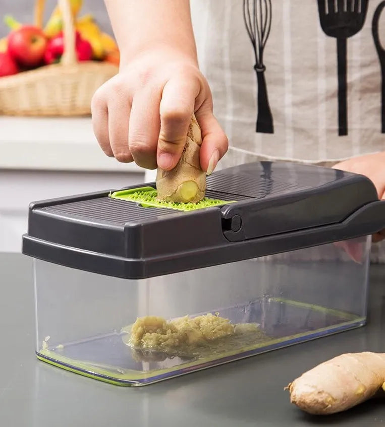 Multifunctional vegetable cutter with seven stainless steel blades and wheat straw plastic housing