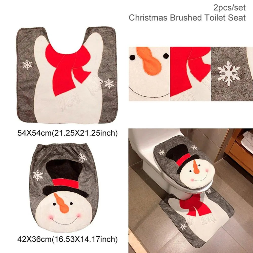 Christmas bathroom set with flannel shower curtain, toilet covers, and plastic-backed floor mat in Santa design