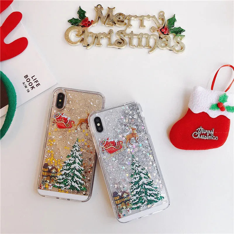 Transparent quicksand effect phone case with Santa Claus and Christmas tree design for iPhone and Samsung