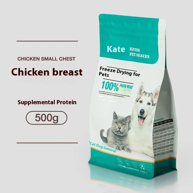 500g bag or barrel of chicken freeze-dried cat snacks showing high grade nuggets without shreds