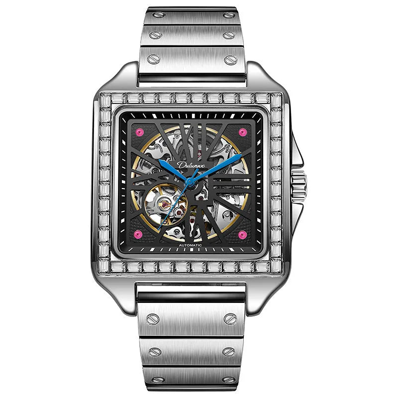 Square automatic watch for men with diamonds on dial, on black steel bracelet