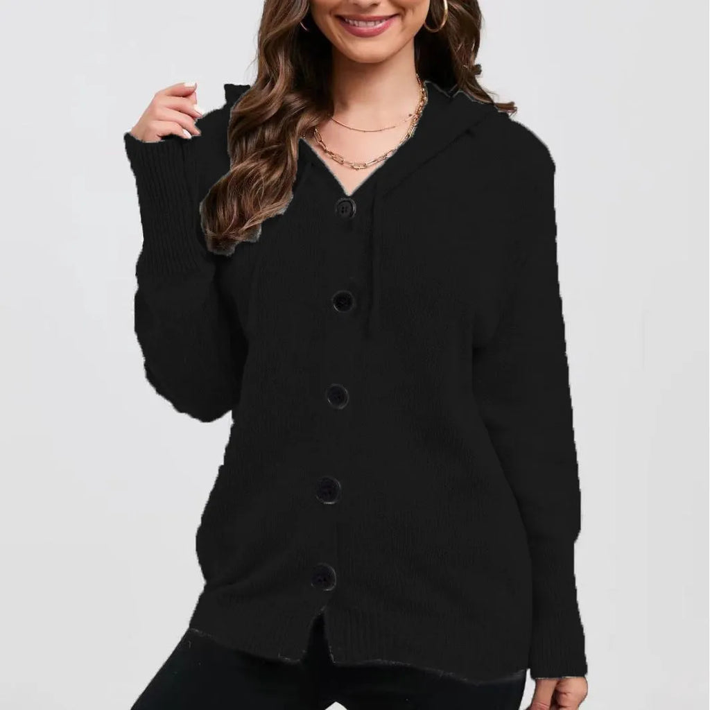 Women's loose fit hooded cardigan in solid colours including army green and sapphire blue.