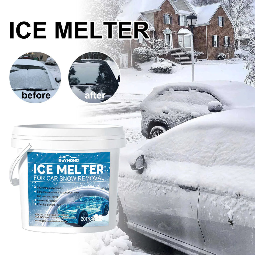 Car windscreen de-icer effervescent tablets in package measuring 12.7 x 12 cm