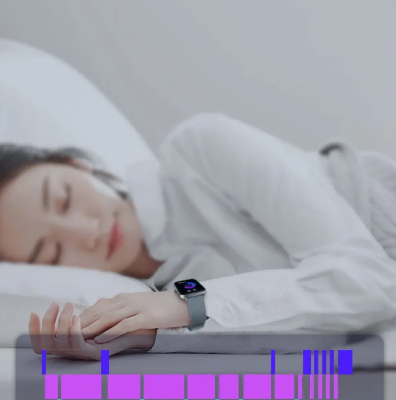 Black smart sports watch with colour touch screen on adjustable strap, showing heart rate data.