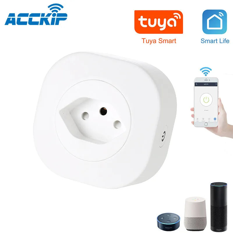 White smart socket plug with WIFI and voice control, showing EU plug pins.