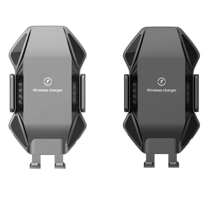 Black wireless car charger with auto-sensing clamp mounted on a car dashboard.