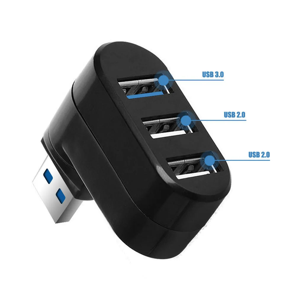Black rotating USB hub with four ports on a white background.