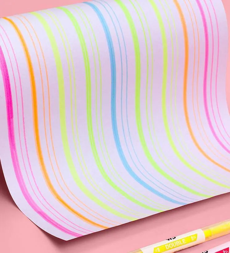 Six double-headed highlighter pens showing round and oblique tips in six different colours