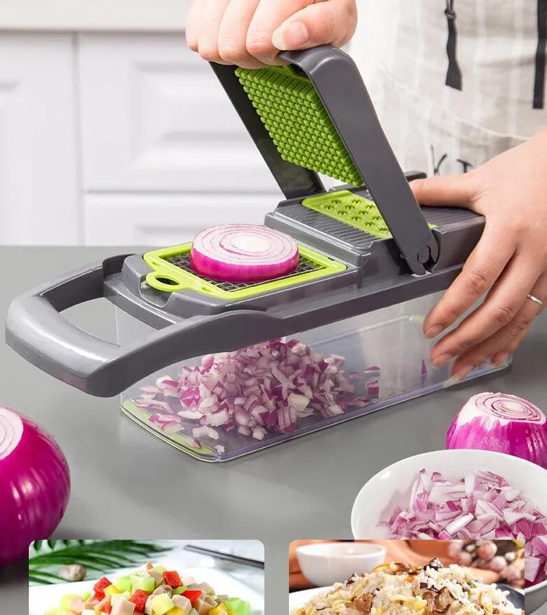 Multifunctional vegetable cutter with seven stainless steel blades and wheat straw plastic housing