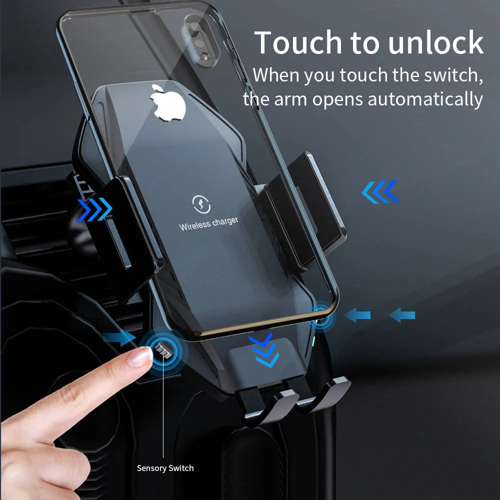 Black wireless car charger with auto-sensing clamp mounted on a car dashboard.