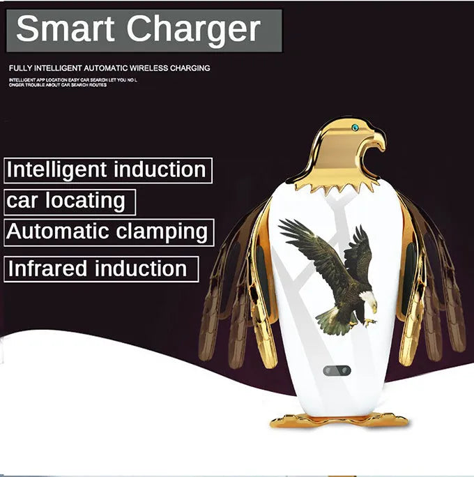 Car phone holder with wireless charging base and suction cup mount in Eagle style