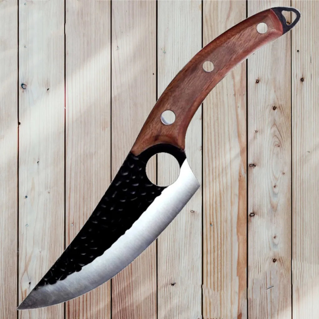 Butcher scimitar knife with curved blade and leather sheath for slaughtering and skinning animals