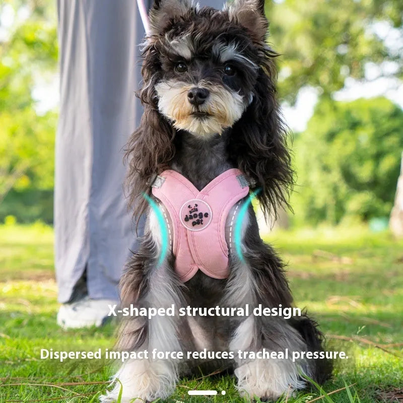 A blue polyester dog vest with an attached hand-holding rope for walking control.