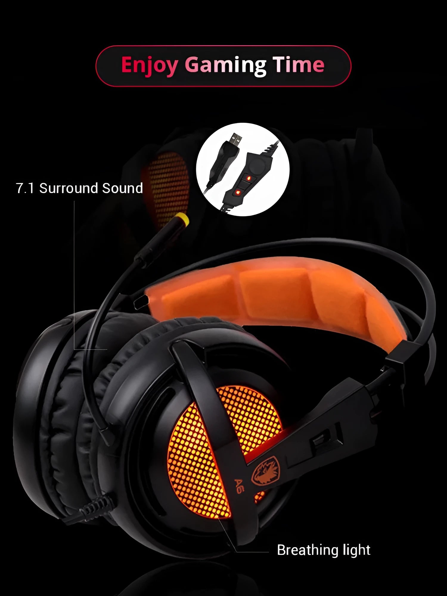 Black and white 7.1 channel USB gaming headset with LED lights on ear cups.
