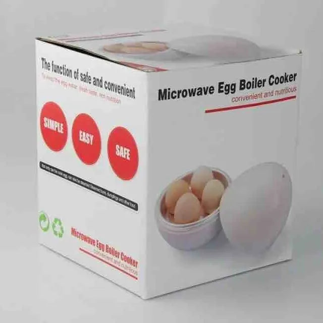 White microwave egg cooker steamer for boiling up to 4 eggs, made from food grade plastic and aluminium.