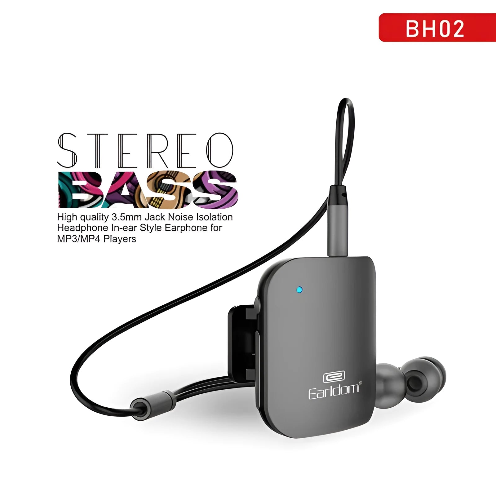 Black Bluetooth audio receiver headphones with lavalier clip for running and hands-free calling