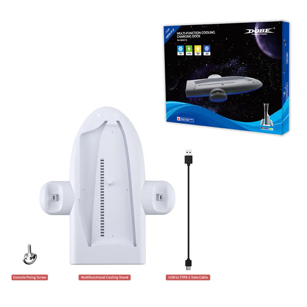 White PS5 slim multifunctional cooler pad with fixed charging base and RGB lighting