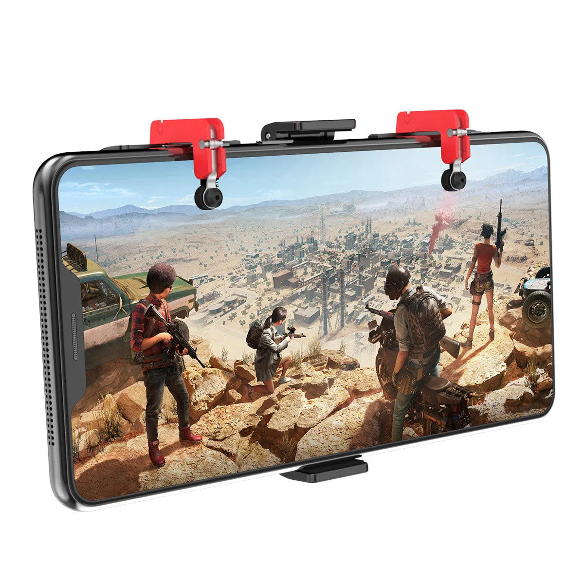 Black mobile gaming trigger stand with adjustable telescopic phone clip and sliding trigger button.