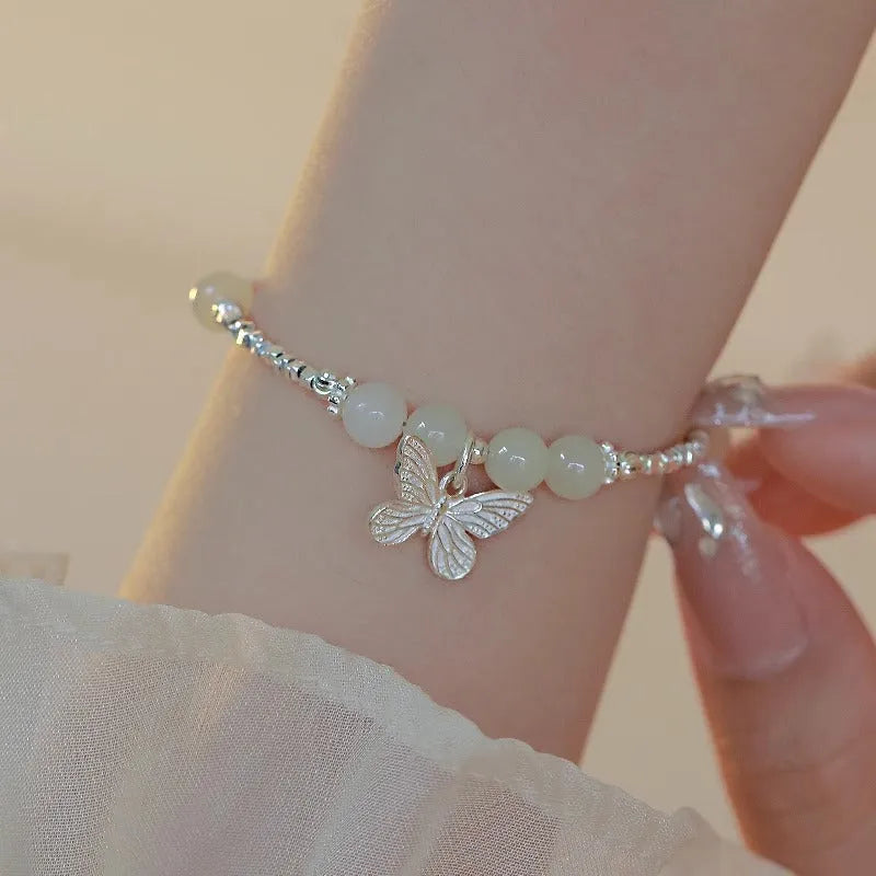 Hetian jade and silver butterfly bracelet and necklace set for women on electroplated copper