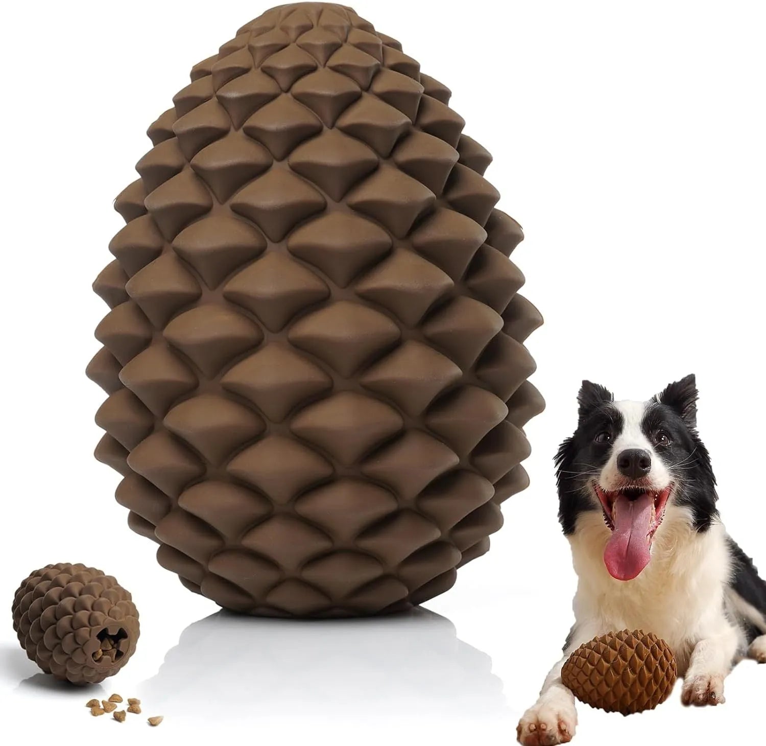 Yellow natural rubber pine cone-shaped dog toy with textured surface and treat dispenser hole.