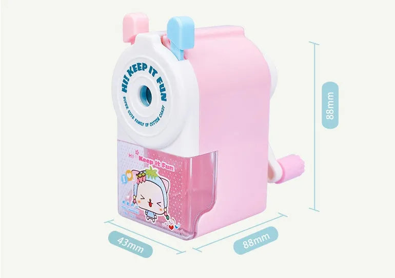 Cartoon animal pencil sharpener in blue, green, pink and purple colours showing 88x43x88mm dimensions