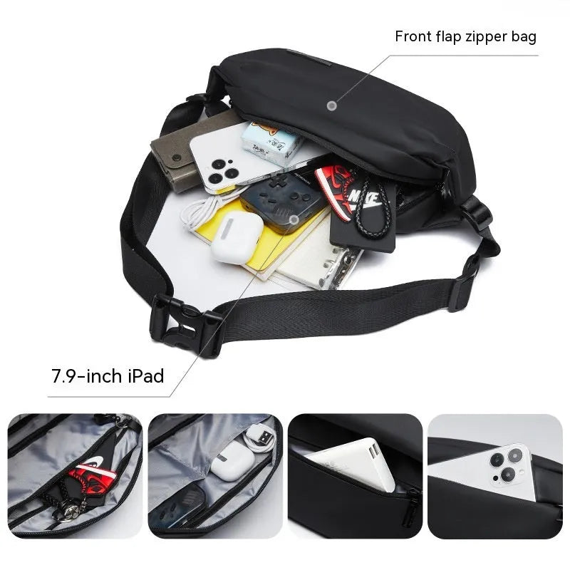 Men's black Oxford cloth messenger bag with a cross-body shoulder strap.