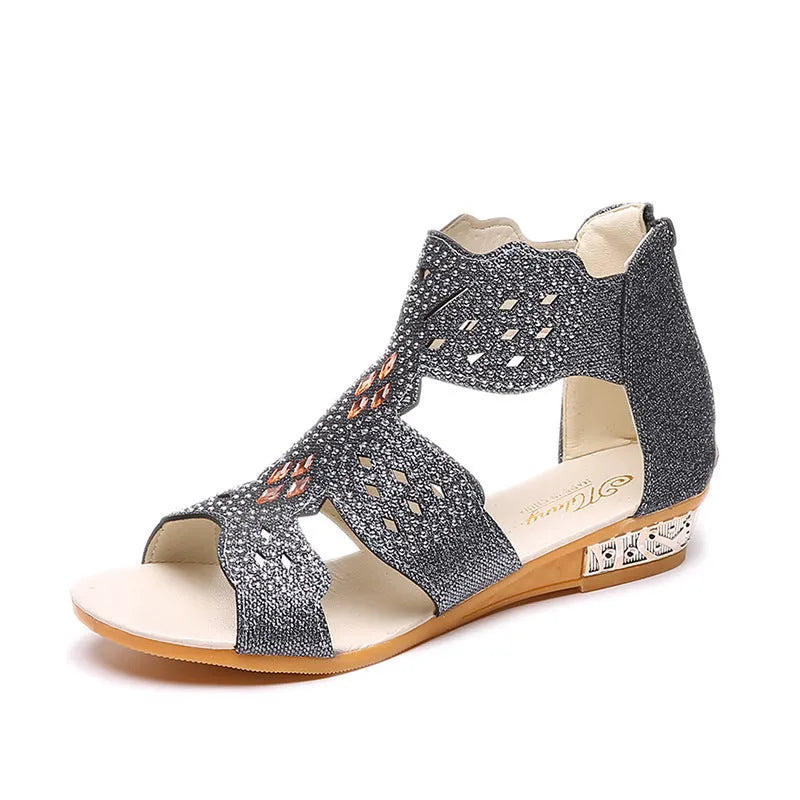 Women's open toe rhinestone hollow sandals with back zipper in black beige gold colours