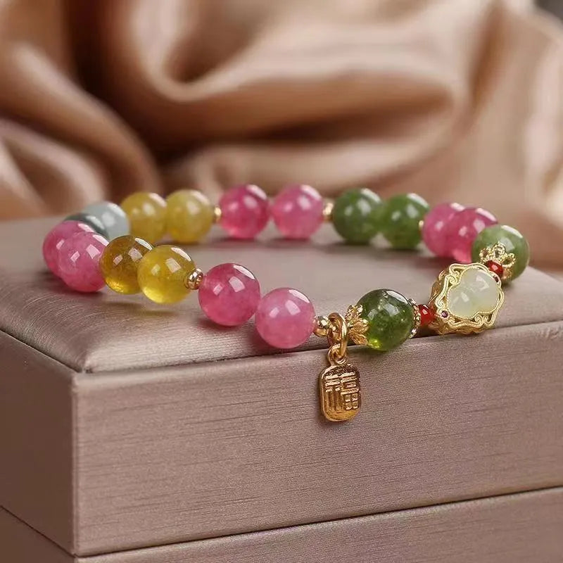 Women's colourful tourmaline gourd blessing card bracelet with floral design and electroplated finish