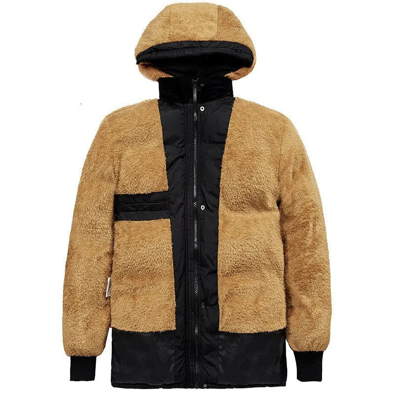 Man wearing a black loose fit double-breasted velvet padded jacket with a hood.