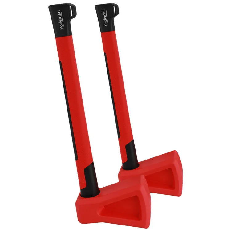 Red plastic home fitness axe muscle trainer on a plain background.