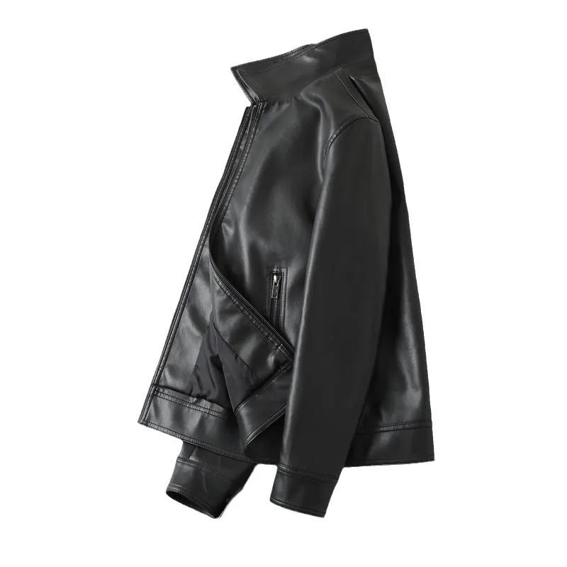 Men's black PU leather casual jacket with zip-up front and multiple pockets