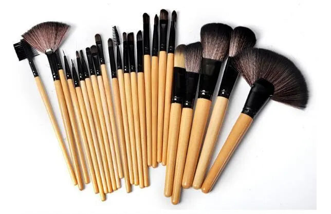 24-piece professional makeup brush set with wooden handles in a PU gift bag