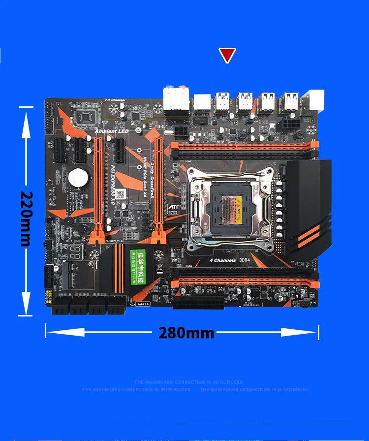 Black X99 ATX motherboard for LGA2011-3 CPUs with four DDR4 slots, PCIe slots, and M.2 interface