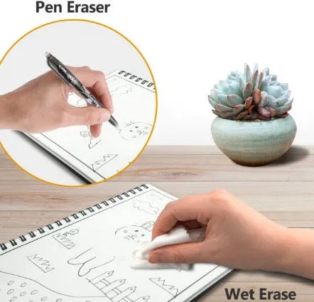Rewritable paper notebook with black PP cover, spiral binding, and erasable pen on a desk