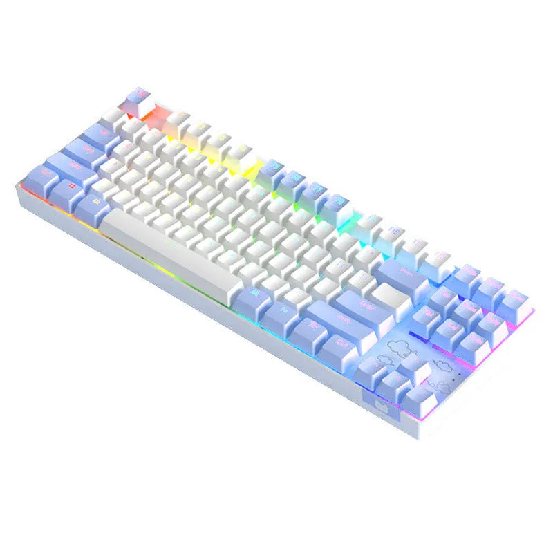 Wireless Bluetooth mechanical keyboard with a metal base in purple-white or blue-white colour options.