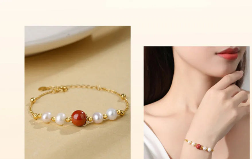 Yellow retro bracelet with red bean pearls and cinnabar on 925 silver for women