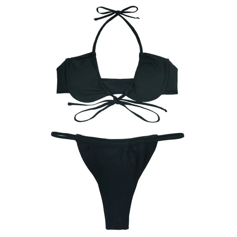 Black and mint green women's two-piece nylon bikini swimsuit with adjustable straps.